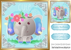Cute painted elephant with flowers and ornate corners 8x8