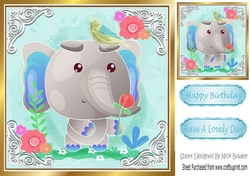 Cute painted  elephant with flowers and bird  with ornate corners 8x8
