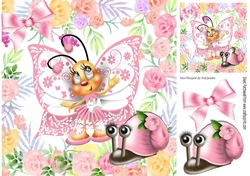 sweet toony pink butterfly with snail in flower garden 8x8