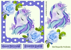 pretty blue rainbow unicorn with roses and polkadot 7x7
