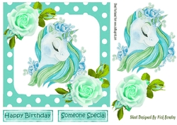 pretty turq rainbow unicorn with roses and polkadot  7x7