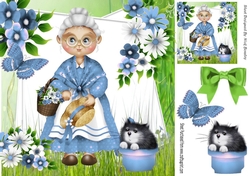 Lovely Granny in blue with flowers and butterfly 8x8