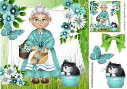Lovely Granny in turq with flowers and butterfly 8x8