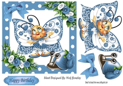 Cute blue toony butterfly with snail polkadot frame 7x7