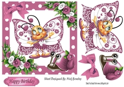 Cute pink toony butterfly with snail polkadot frame 7x7