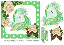 pretty fantasy rainbow green unicorn with cream roses 7x7