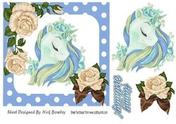 pretty fantasy rainbow blue unicorn with cream roses 7x7