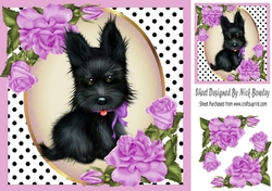Cute black scottie dog with lilac corner roses & polkadot 8x8