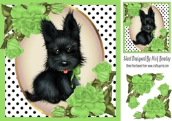 Cute black scottie dog with green corner roses & polkadot 8x8