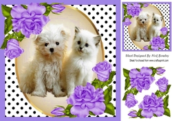 Cute kitten/puppy with purple corner roses and polkadot 8x8