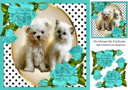 Cute kitten/puppy with turq corner roses and polkadot 8x8