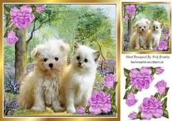 Cute kitten/puppy in the woodlands with pink corner roses 8x8