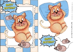 Fat Lazy Cat with mice in watercolour A5 (blue)