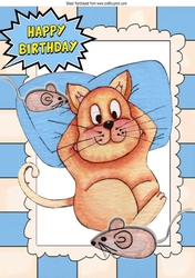 Fat Lazy Cat with mice in watercolour A4 (blue)