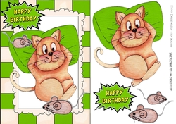 Fat Lazy Cat with mice in watercolour A5 (green)