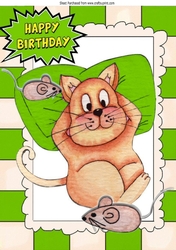 Fat Lazy Cat with mice in watercolour A4 (green)