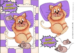 Fat Lazy Cat with mice in watercolour A5 (purple)