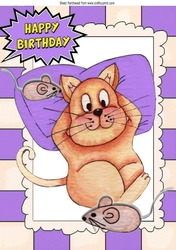 Fat Lazy Cat with mice in watercolour A4 (purple)