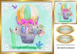 Cute painted elephants fun in a ballon and ornate corners 8x8