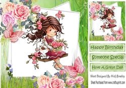 Girl on a swing with roses and butterflies 8x8