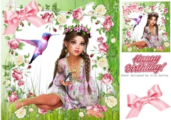 Girl with humming bird and pink roses 8x8