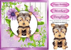 Cute yorkie terrier with pretty lilac flowers, wooden back ground 8x8