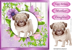 Cute pug puppy with pretty lilac flowers, wooden back ground 8x8
