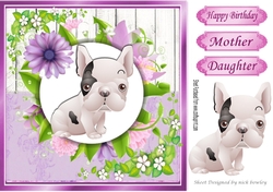 Cute french bulldog puppy with pretty lilac flowers, wooden back ground 8x8