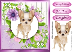 Cute french chihuahua puppy with pretty lilac flowers, wooden back ground 8x8