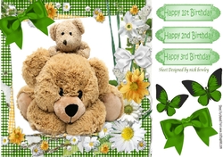 Big cuddly teddy bear and baby in green gingham with bow 8x8