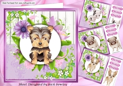 4 Lovely Card fronts with puppies, with pretty lilac flowers 8x8 Mini Kit