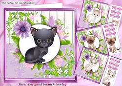4 Lovely Card fronts with kittens, with pretty lilac flowers 8x8 Mini Kit