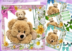 4 cuddly teddy bears and baby in gingham,card fronts 8x8 mini kit