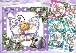 4 Cute toony butterfles with snail card fronts in  polkadot frame 7x7 