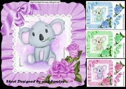  4 Cute water colour  Koala Bears in frill 8x8 card fronts with  bows Mini kit