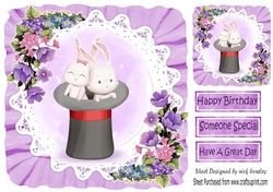 Bunnies in top hat with lace and flowers in purple frill 8x8 frame
