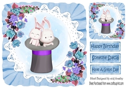 Bunnies in top hat with lace and flowers in blue frill 8x8 frame