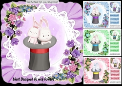  4 Lovely Bunnie  card fronts in top hats with lace, frill 8x8 Mini kit