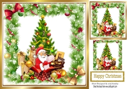 santa with his christmas list and presents with tree in holly frame 8x8