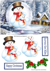 Lovely snow scene with snowman in snowball with holly A5