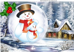 Lovely snow scene with snowman in snowball with holly A4