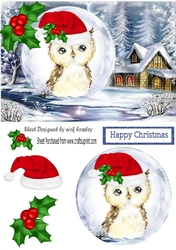 Lovely snow scene with owl in santa hat in snowball with holly A5