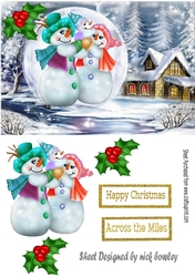Lovely snow scene with snowman family in a snowball with holly A5,