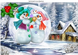 Lovely snow scene with snowman family in a snowball with holly A4,