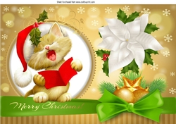 Cute Carol singing cat with bow and holly A4
