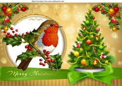 Lovely robin on a branch with snow, & christmas tree A4
