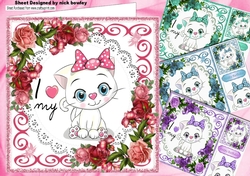 4 Lovely Card fronts of a white kitty wih roses 8x8 Mini kit