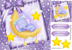cute watercolour ele sleeping in purple star spangled sky with bow 8x8