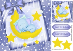 cute watercolour ele sleeping in blue star spangled sky with bow 8x8