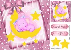 cute watercolour ele sleeping in pink star spangled sky with bow 8x8